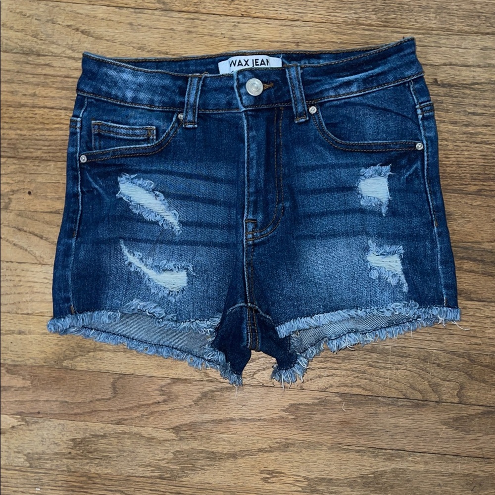 Wax Jean Women's Frayed Hem Denim Shorts - Dark Blue